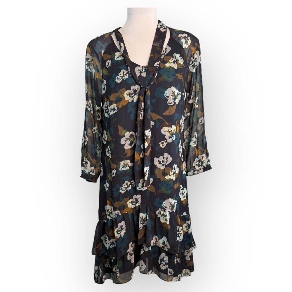Cabi Pirouette Floral Chiffon Ruffled Hem Dress Navy‎ Blue Size Small